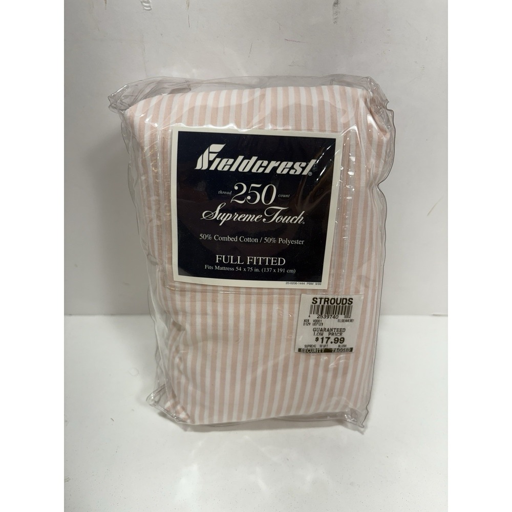 Fieldcrest 250 supreme touch full Fitted bed sheet Stripe Peach White Blush NEW